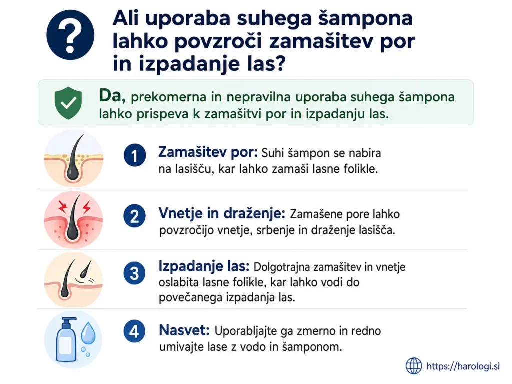 97. Ali uporaba suhega šampona lahko povzroči zamašitev por in izpadanje las snipet